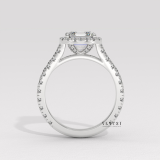 Halo Pave Moissanite Asscher Cut Engagement Ring studio view
