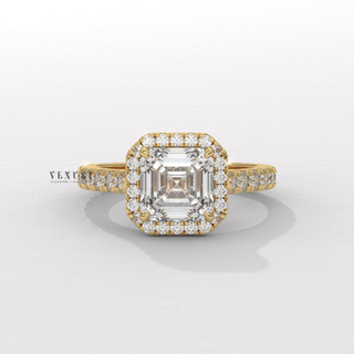 Halo Pave Moissanite Asscher Cut Engagement Ring angled view