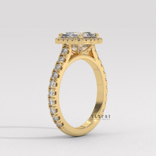Halo Pave Moissanite Asscher Cut Engagement Ring three quarter view