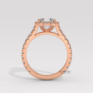 Halo Pave Moissanite Asscher Cut Engagement Ring close-up of the centre stone