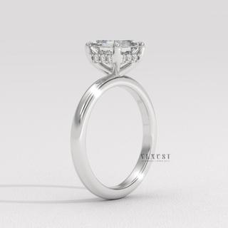 Asscher cut moissanite engagement ring in a hidden halo solitaire setting shown on a finger