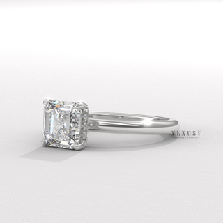 Asscher cut moissanite engagement ring in a hidden halo solitaire setting worn on a hand