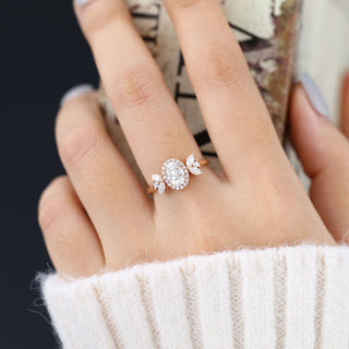 0.84 CT Oval Cut Cluster Classic Moissanite Engagement Ring side view