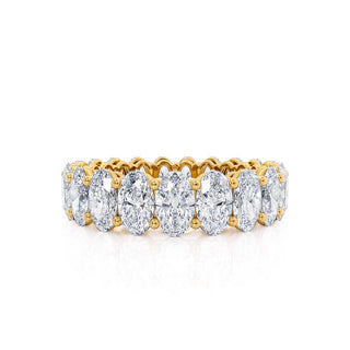 Radiant 5.46ct oval full eternity moissanite wedding band close up of the setting