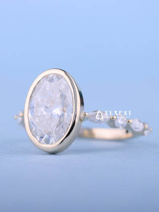 Classic 2.0ct oval pave moissanite ring angled view showing its sparkle