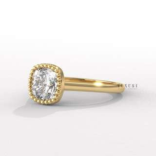 Unique bezel cushion moissanite ring angled view