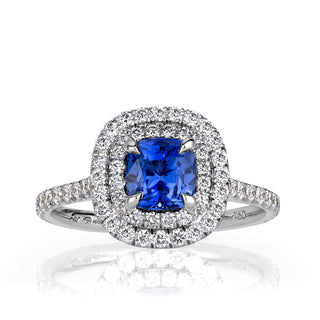 Blue cushion double halo pave moissanite bridal ring front view