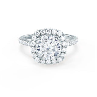 Timeless 1.0ct round halo moissanite ring shown on a finger image 3