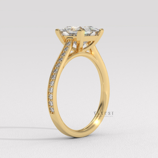 Three quarter pave princess moissanite ring angled view