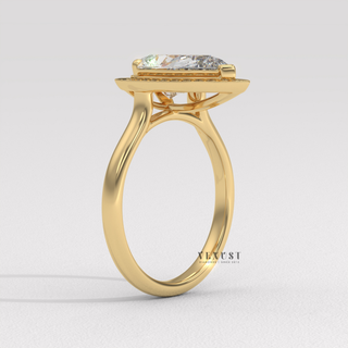 Halo Solitaire Pear Cut Moissanite Engagement Ring three quarter view