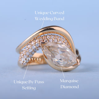 0.50CT Marquise Moissanite Diamond Curved Unique Engagement Rings With Matching Band