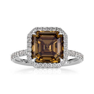 Brown asscher halo pave moissanite bridal ring front view
