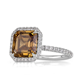 Brown asscher halo pave moissanite bridal ring side detail view