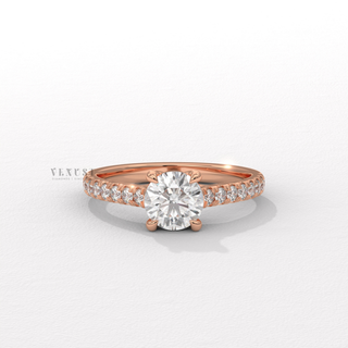 Round cut moissanite engagement ring with cathedral setting  Round Half Pave Cathedral detail view 2