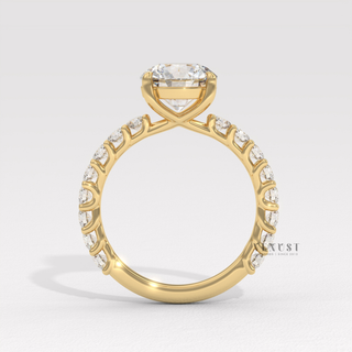 Round pave moissanite engagement ring top view