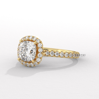 Sparkling Halo Pave Cushion Cut Moissanite Engagement Ring side view