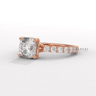 Cushion moissanite engagement ring angled view