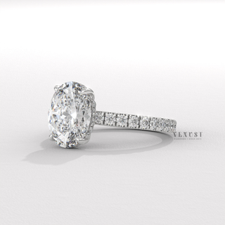 Oval cut hidden halo solitaire ring with side detail