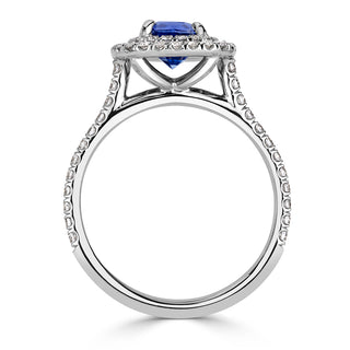 Blue cushion double halo pave moissanite bridal ring close up detail