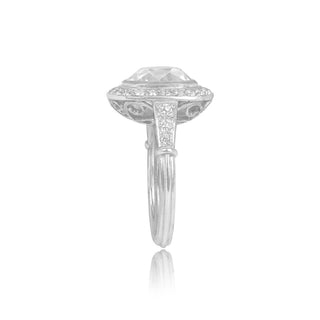 halo moissanite ring three stone setting detail