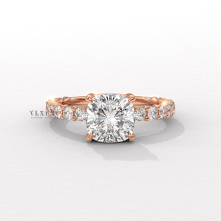 Cushion cut moissanite ring with three quarter pave detail