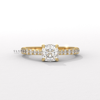 Cushion cut moissanite ring with half pave detail