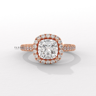 Sparkling Halo Pave Cushion Cut Moissanite Engagement Ring angled view