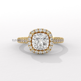 Sparkling Halo Pave Cushion Cut Moissanite Engagement Ring front view