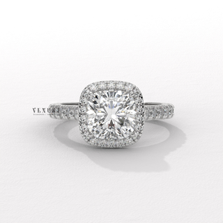 Elegant Halo Pave Cushion Cut Moissanite Engagement Ring profile view