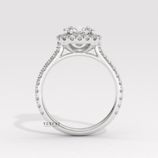 Sparkling Halo Pave Cushion Cut Moissanite Engagement Ring studio view