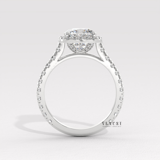 Elegant Halo Pave Cushion Cut Moissanite Engagement Ring studio view