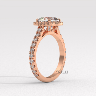 Elegant Halo Pave Cushion Cut Moissanite Engagement Ring three quarter view