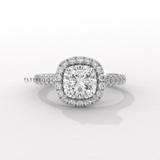 Sparkling Halo Pave Cushion Cut Moissanite Engagement Ring profile view