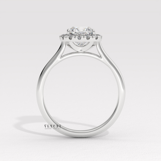 Halo Solitaire Cushion Cut Moissanite Engagement Ring studio view