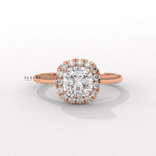 Halo Solitaire Cushion Cut Moissanite Engagement Ring angled view
