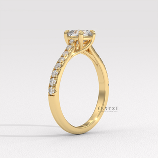 Moissanite cushion cut ring with refined side detail