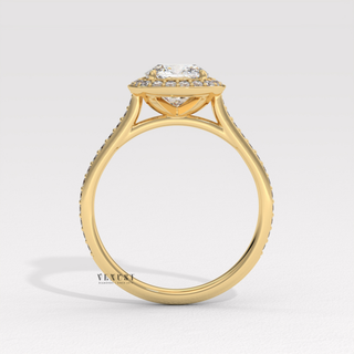 Halo Pave Cushion Cut Moissanite Engagement Ring three quarter view