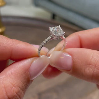 1.5ct Cushion Cut Hidden Halo Cathedral Pave Diamond Moissanite Engagement Ring