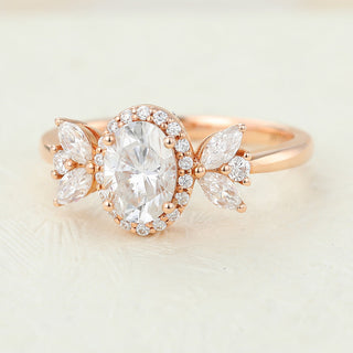 0.84 CT Oval Cut Cluster Classic Moissanite Engagement Ring close up