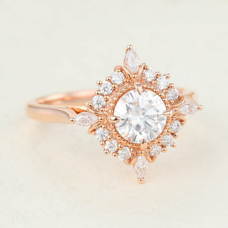 0.68 CT Round Brilliant Cluster Moissanite Engagement Ring close up