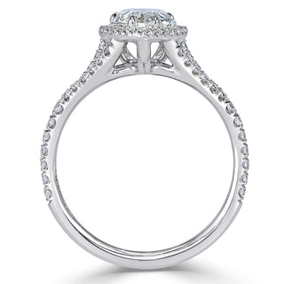 Pear halo split shank moissanite ring close up detail