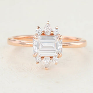0.92 CT Emerald Brilliant Cluster Moissanite Engagement Ring front view