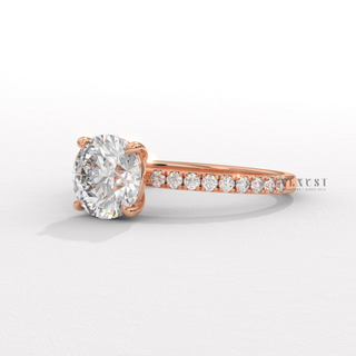 Round cut moissanite diamond ring angled view