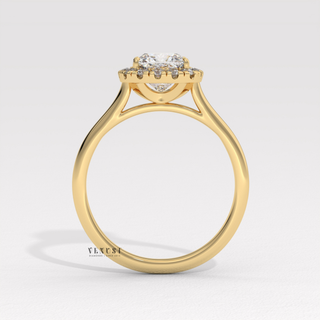 Halo Solitaire Cushion Cut Moissanite Engagement Ring close-up of the centre stone