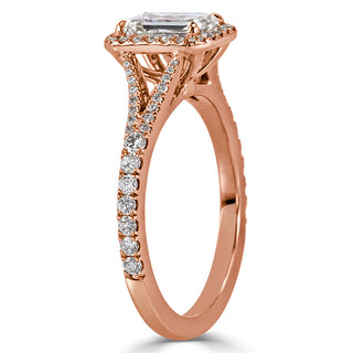 Emerald halo pave engagement ring stone detail view