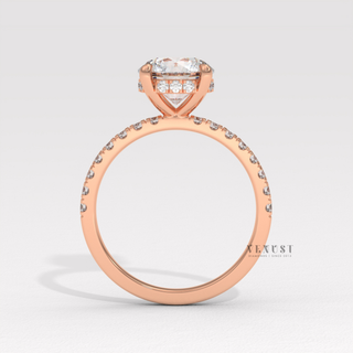 Hidden halo round moissanite ring detail view