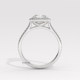 Halo Pave Cushion Cut Moissanite Engagement Ring studio view