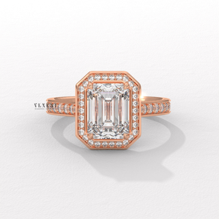 Double Halo Moissanite Emerald Cut Engagement Ring profile view