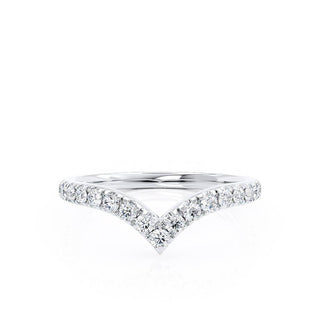 Delicate 0.21ct round moissanite wedding band side profile view