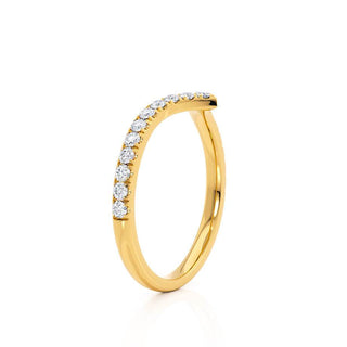 Stunning 0.21ct round moissanite wedding band shown on a finger